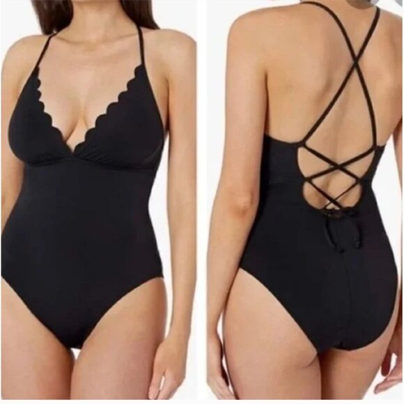 La‎ Blanca Black Scallop Lace Up Back One Piece Swimsuit Swim Size 6 - Picture 1 of 5